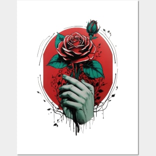 hand holding a red rose with green leaves Posters and Art